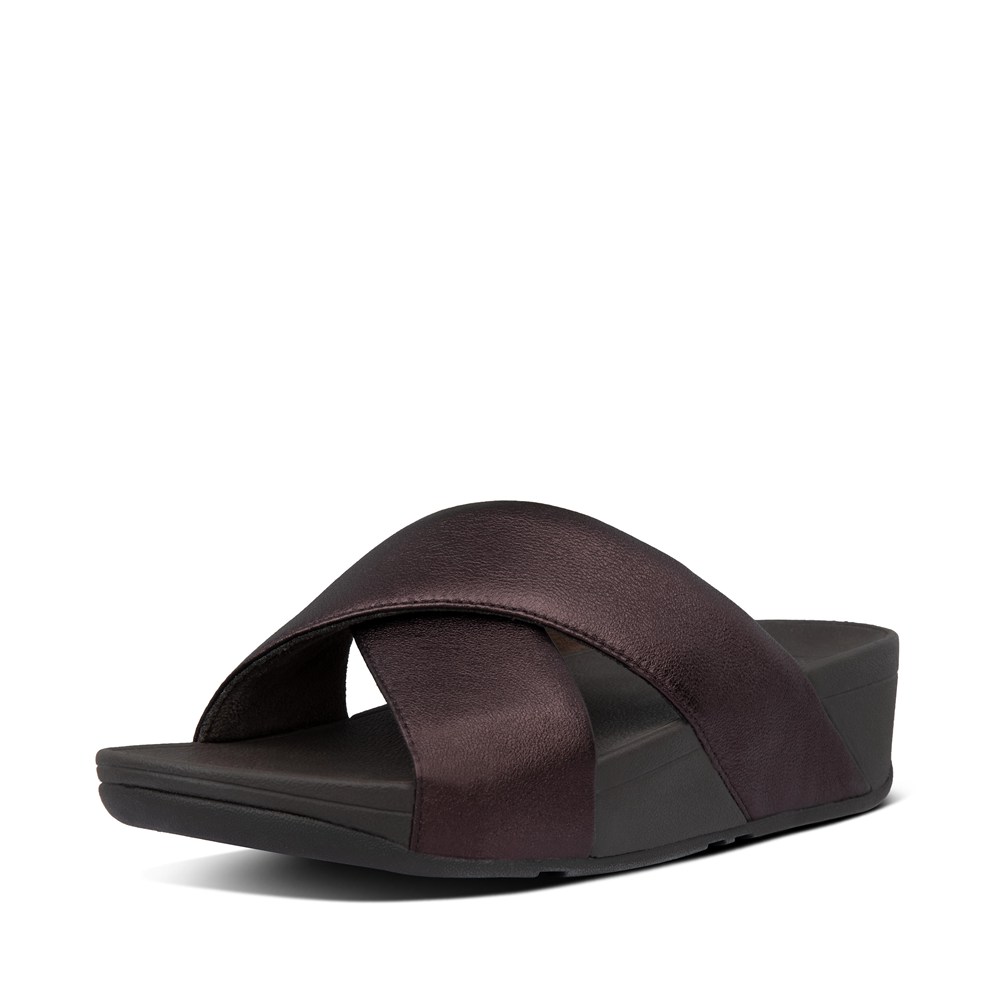 Fitflop Womens Slides - Lulu Metallic Leather Cross - Dark Brown - 918-SNCKTO